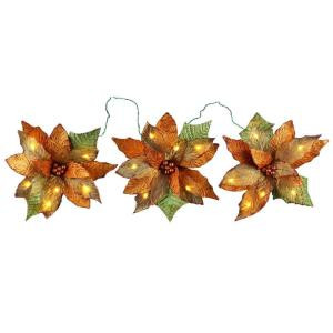 18-Light Battery Operated LED Gold 3-Poinsettia Flower Garland-FG02-1Y018-A1 202938553