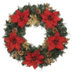 24 in. Silk Poinsettia Artificial Wreath with Gold Fern Sprigs and Pinecones (Pack of 6)-2109500HDX6 205203569