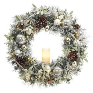 30 in. Battery Operated Snowy Silver Pine Artificial Wreath with 30 Clear LED Lights and LED Candle-2258330HD 206005412