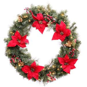 36 in. Battery Operated Red Poinsettia Artificial Wreath with 60 Clear LED Lights-2258420HD 206005433