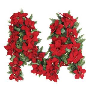 9 ft. Battery Operated Artificial Poinsettia Garland with 50 Clear LED Lights-BOWOTHD180A 205983432
