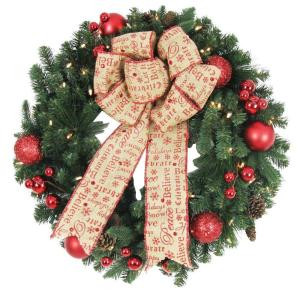 Home Accents Holiday 30 in. Battery Operated Holiday Burlap Artificial Wreath with 50 Clear LED Lights-BOWOTHD153C 205915382