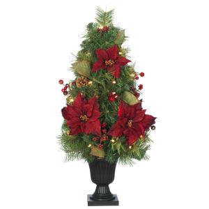 Home Accents Holiday 32 in. Burgundy Poinsettia and Berry Potted Artificial Christmas Tree with 35 Clear Lights-2110240HD 203986776
