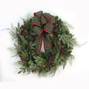Home Accents Holiday 32 in. Pre-Lit Woodland Tales Artificial Christmas Wreath with Plaid Ribbon, 50 Battery-Operated Warm White LED-CHZH3811602THD 206771197