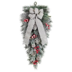 Home Accents Holiday 32 in. Snowy Pine Teardrop with Pinecones Berries and Striped Bow-2320720HD 206771267