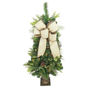 Home Accents Holiday 4 ft. Pre-lit Nature Inspired Artificial Christmas Porch Tree with Burlap Bow and 50 Clear Lights-CHZH3811645THY 206771136