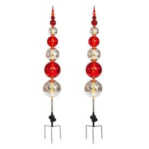 Home Accents Holiday 56 in. Battery Operated Plastic Ball Ornament Topiary Stake with 30 Clear LED Lights and Timer Feature (Set of 2)-2321710HD 206771266