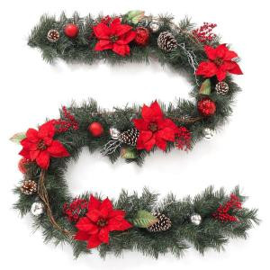 Home Accents Holiday 9 ft. Twig Pine Red Poinsettia Garland with Pinecones, Berries and Ball Ornaments-2321570HD 206771886