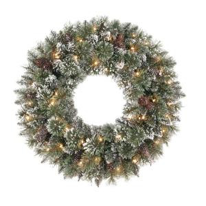 Martha Stewart Living 30 in. Frosted Pine Artificial Wreath with 50 Clear Lights-SPN-W-158/50C1 204007687