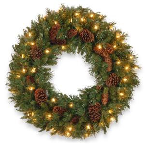 National Tree Company 24 in. Pine Cone Artificial Wreath with Clear Lights-PC-24WLO-1 300182946