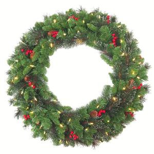 National Tree Company 30 in. Crestwood Spruce Artificial Christmas Wreath with 70 White Battery Operated LED Lights with Timer-CW7-306-30WBC1 206889333