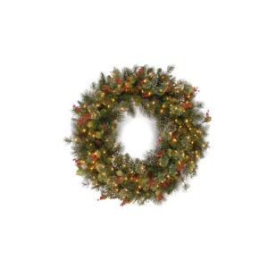 National Tree Company 30 in. Wintry Pine Artificial Wreath with Pine Cones, Red Berries, Snow and 100 Clear Lights-WP1-300-30W-1 204248713