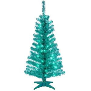 National Tree Company 4 ft. Turquoise Tinsel Artificial Christmas Tree with Clear Lights-TT33-314-40 300487971