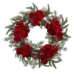 Nearly Natural 22 in. Orchid, Berry and Pine Holiday Artificial Wreath-4884 206585521
