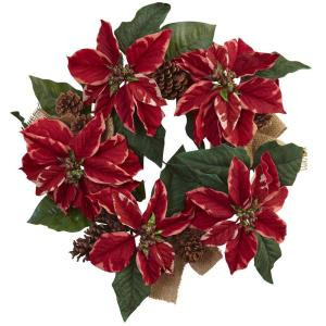Nearly Natural 22 in. Poinsettia, Pine Cone and Burlap Artificial Wreath-4871 206585514