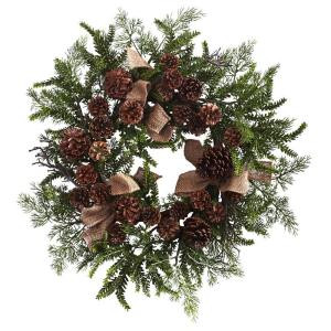 Nearly Natural 24 in. Pine and Pine Cone Artificial Wreath with Burlap Bows-4888 206585525