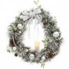 Home Accents Holiday 36 in. Battery Operated Snowy Silver Pine Artificial Wreath with 40 Clear LED Lights and LED Candle-2258080HD 205915137